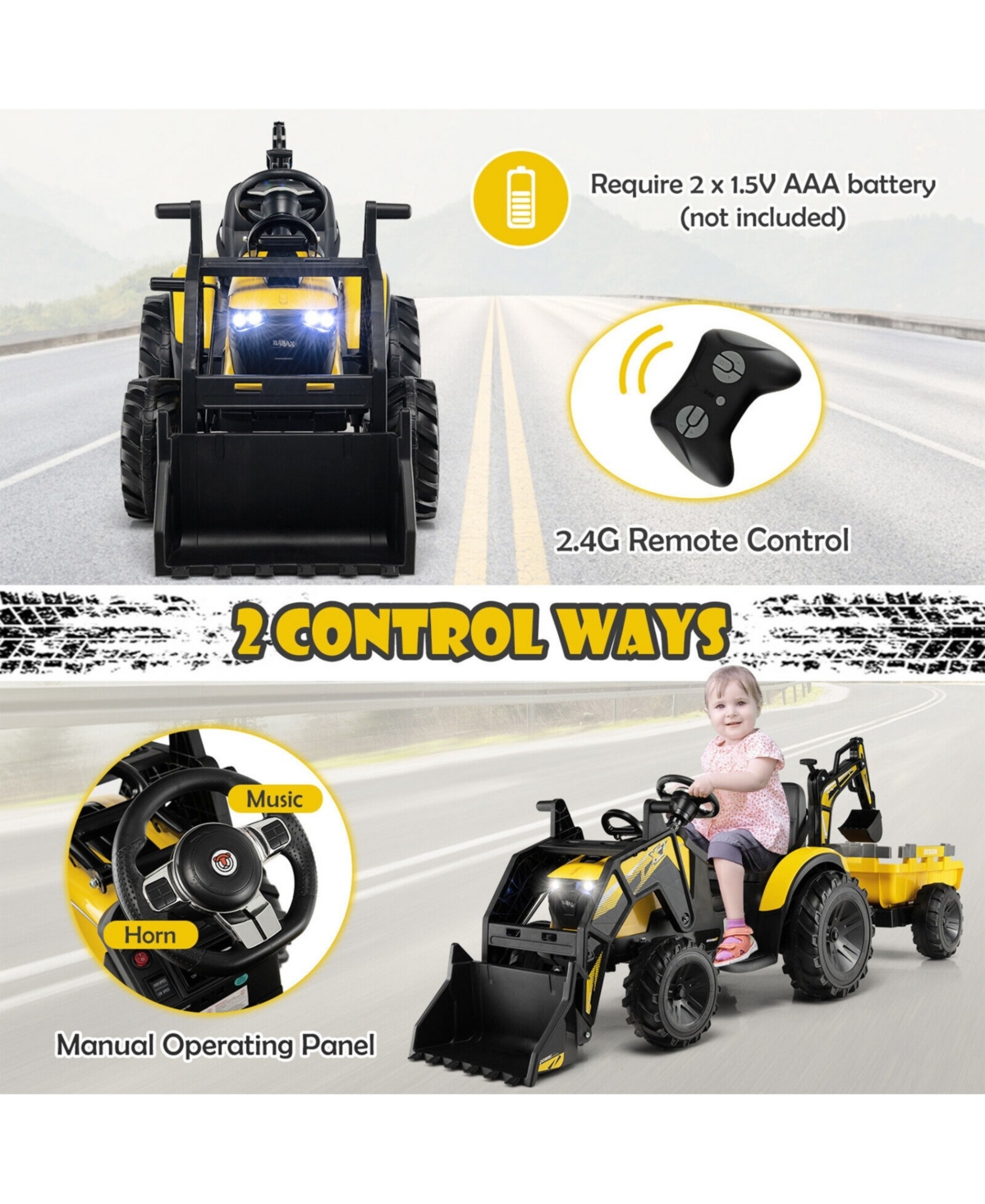 12V 3 in 1 Kids Ride On Excavator with Shovel Bucket and Music
