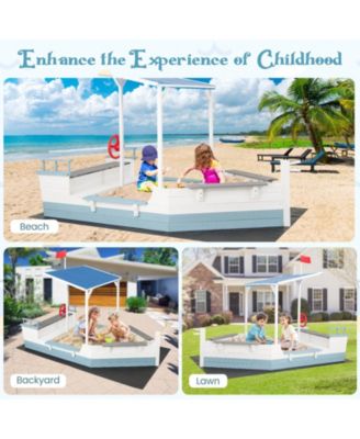 Fir Wood Sandbox with Sloping Canopy Liner Multiple Seats Large Storage Space
