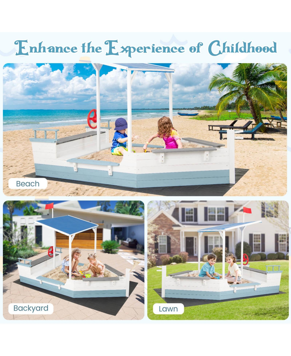 Fir Wood Sandbox with Sloping Canopy Liner Multiple Seats Large Storage Space
