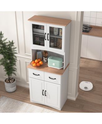 Wooden Kitchen Pantry Cabinet with Glass Doors and Storage Drawer