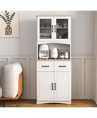Wooden Kitchen Pantry Cabinet with Glass Doors and Storage Drawer