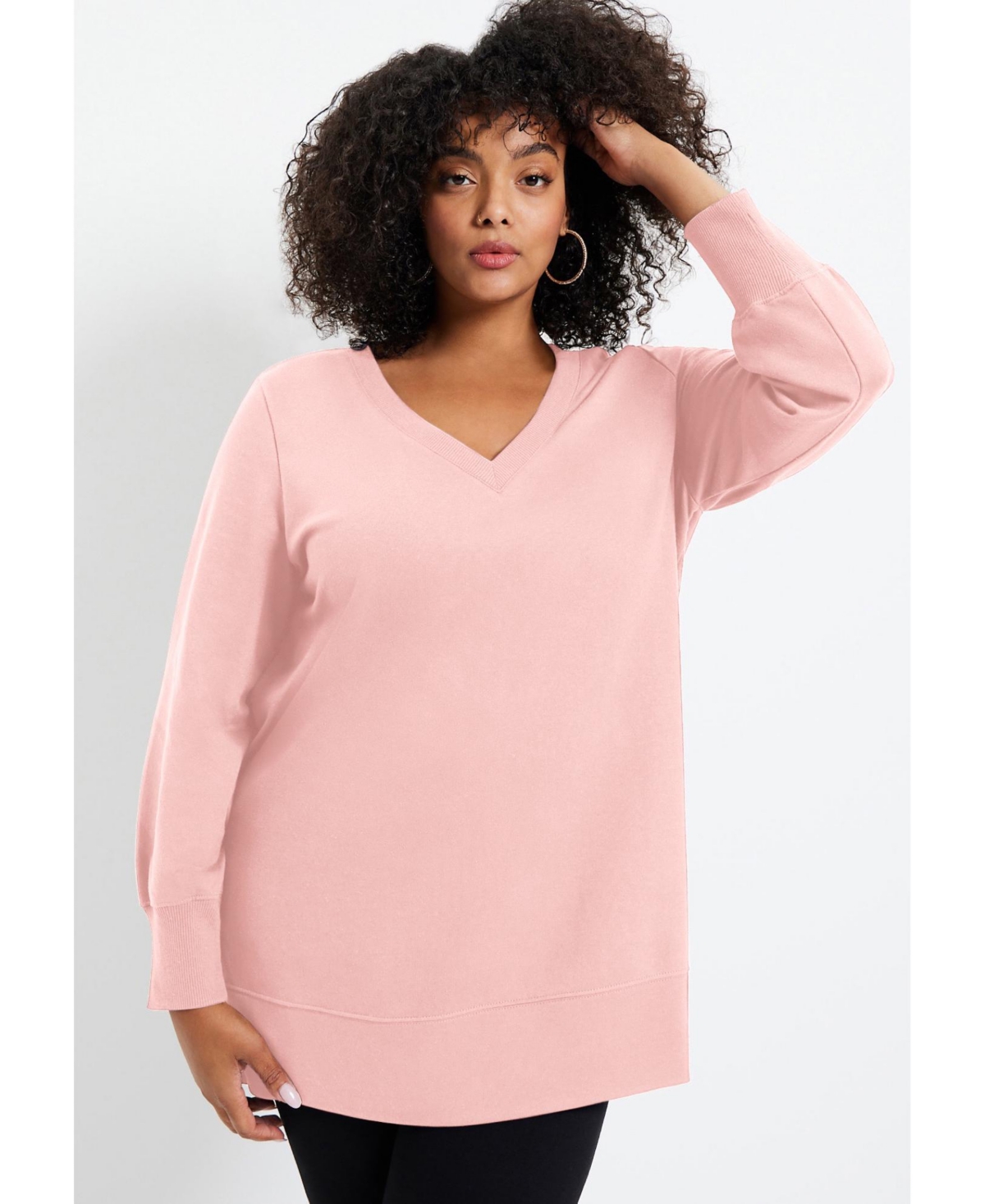 June + Vie Women's Plus V-Neck French Terry Sweatshirt