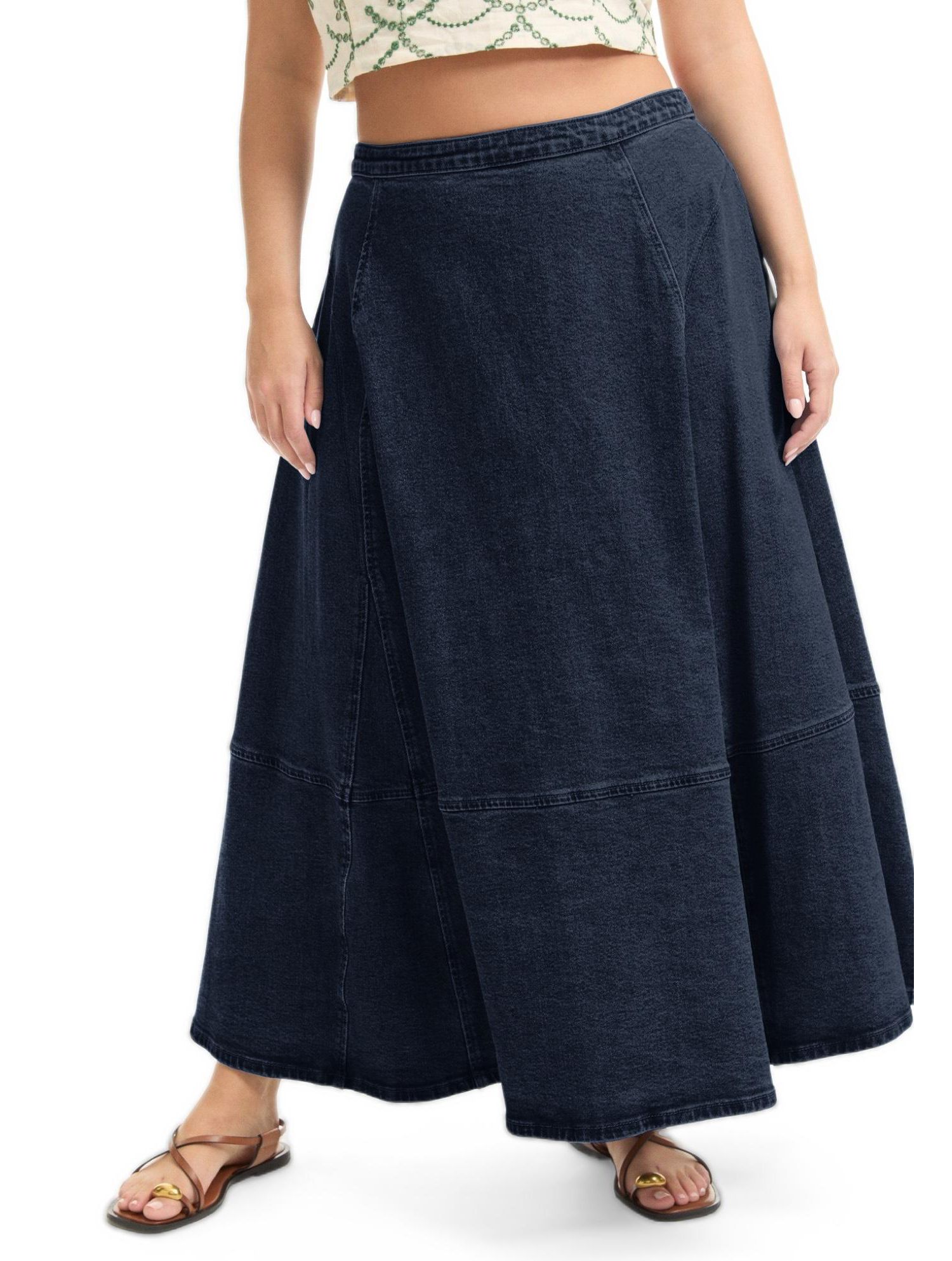Women's June and Vie Fit-And-Flare Stretch Denim Midi Skirt