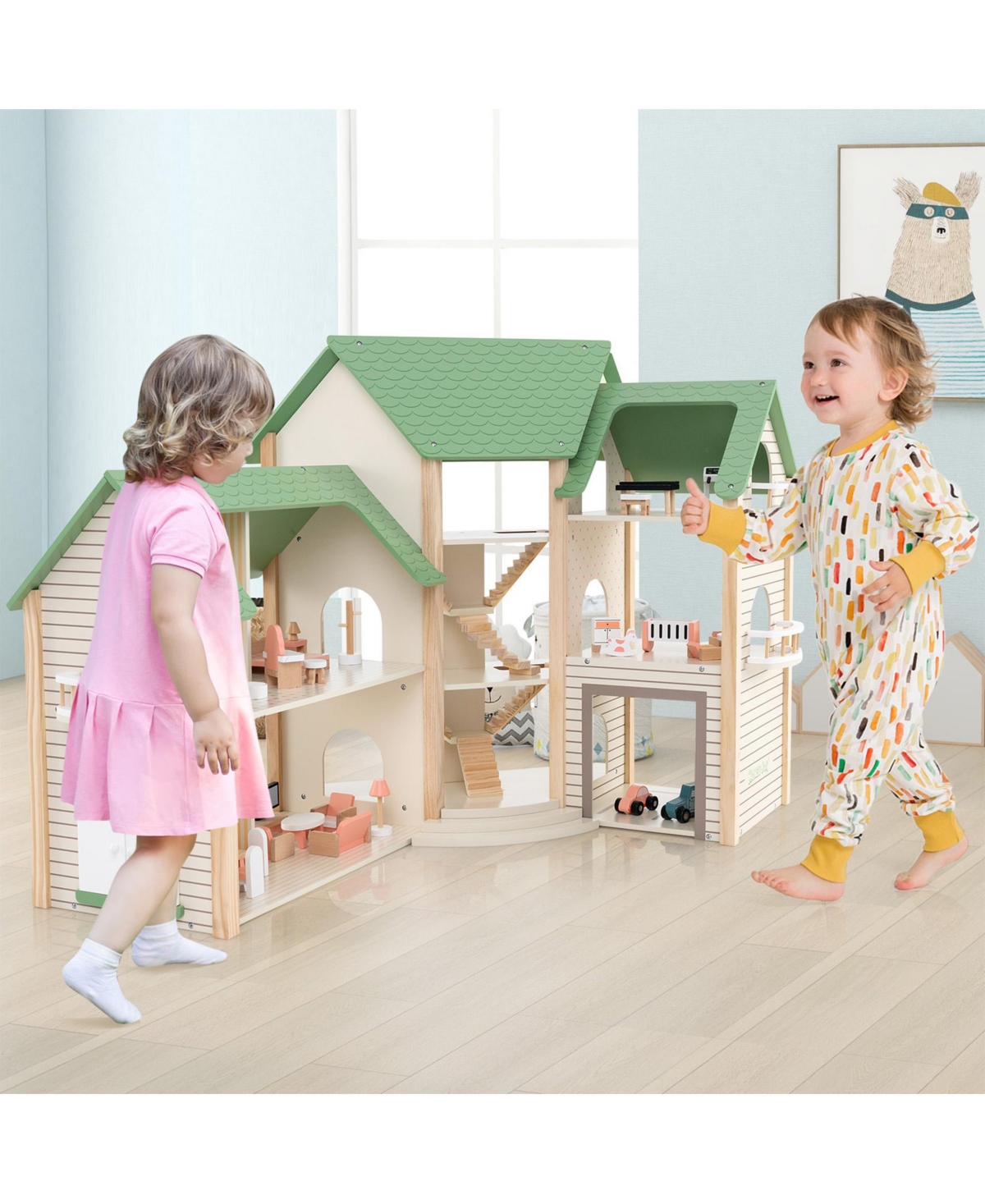 Wooden Corner Dollhouse Playset with 6 Rooms and 36 Pieces for Kids 3+ Years Old