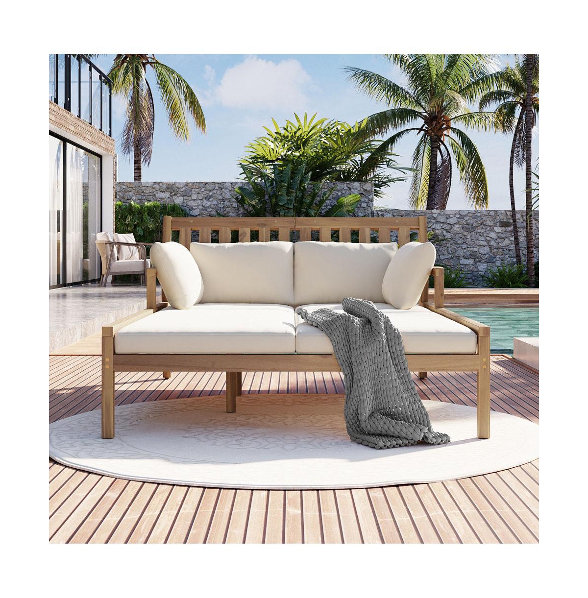 Chic Crate-Outdoor Teak Daybed Chaise Lounges 4 Pillows & Curved Armrests | Patio & Garden Multi-Use | Light Teak & Beige Cushion