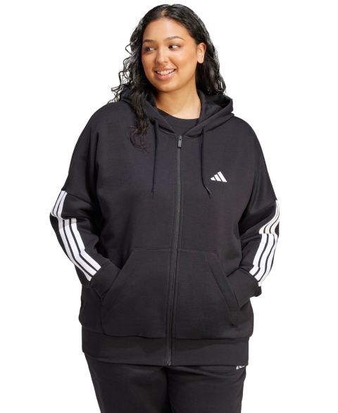 Женское худи adidas Plus Size Essentials 3-Stripes Full-Zip Fleece, цвет: Чёрный