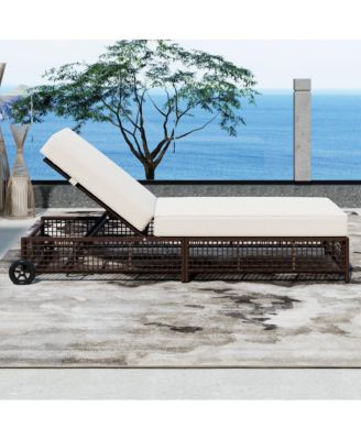 - Set of 2 Adjustable Rattan Pool Lounge Chairs with Wheels - Brown