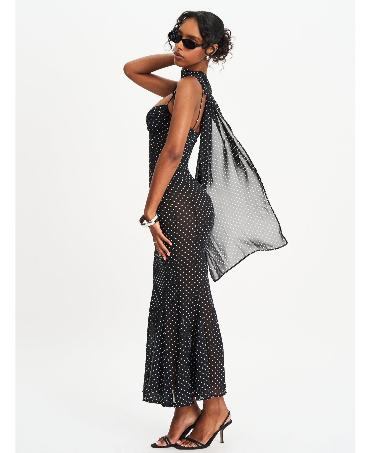 Women's Yadira Black Base Polka Dot Chiffon Maxi Dress