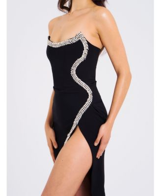 Women Xoana Black Crystal Embellished High Slit Gown