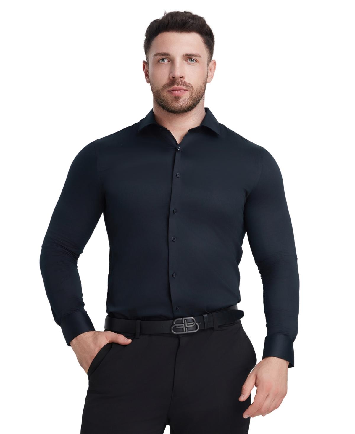 Perry Ellis Solid Sateen Slim Fit Dress Shirt In Black