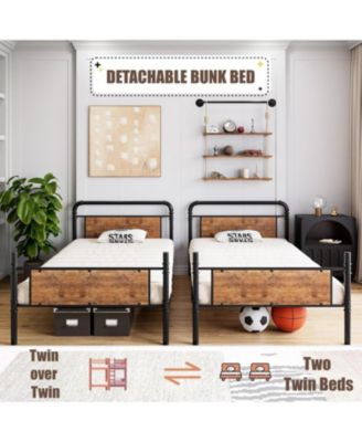 Twin Over Twin Metal Bunk Bed with High Guardrail and Ladder, Convertible Metal Bunk Beds for Kids/Teens/Adults,Easy Assembly, No Box Spring Needed，Vintage Black