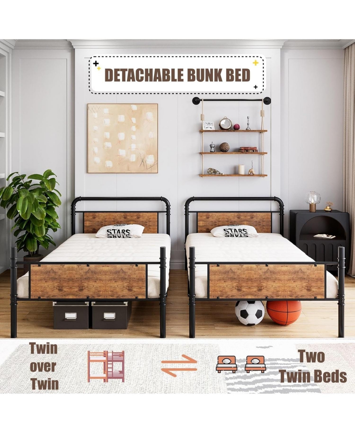 gaomon Twin Over Twin Metal Bunk Bed with High Guardrail and Ladder, Convertible Metal Bunk Beds for Kids/Teens/Adults,Easy Assembly, No Box Spring Ne