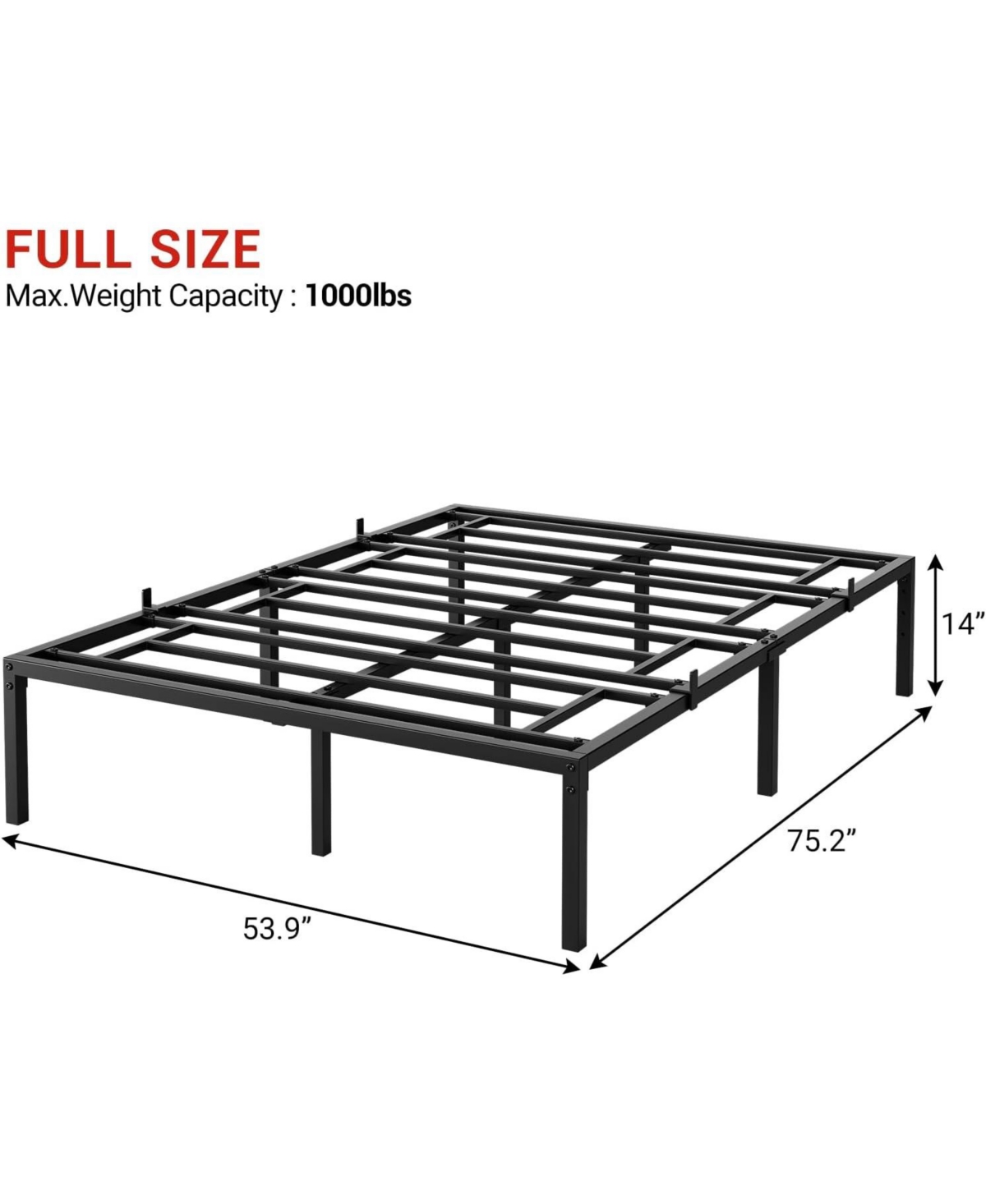 14 Inch Metal Full Bed Frame with Rounded Corner, Heavy Duty Non-Slip Bed Frame with Steel Slats, No Box Spring Required Noise-Free Easy Assembly, 9-L