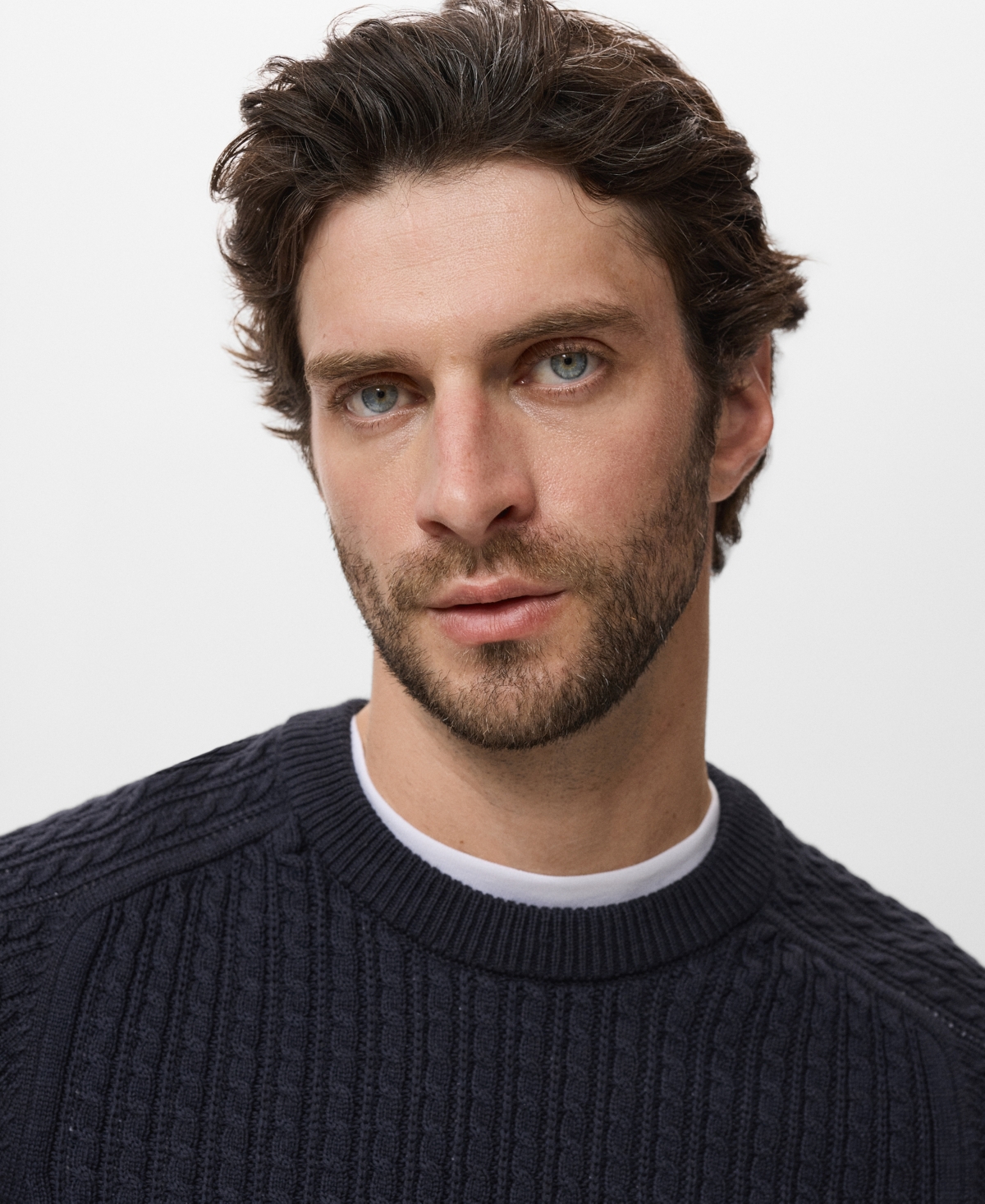Mango Cabled Cotton Crewneck Sweater In Blue