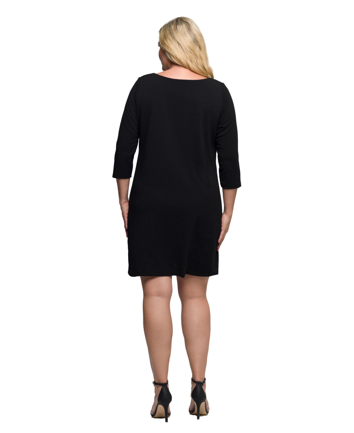 24seven Comfort Apparel Plus Size Three Quarter Sleeve A Line Knee Length Dress In Black