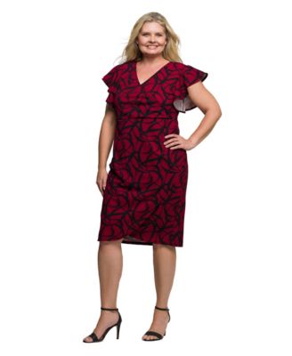 Plus Size Burgundy Print Flutter Sleeve Faux Wrap Dress