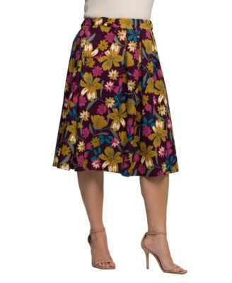 Plus Size Purple Floral Elastic Waist Pocket Midi Skirt