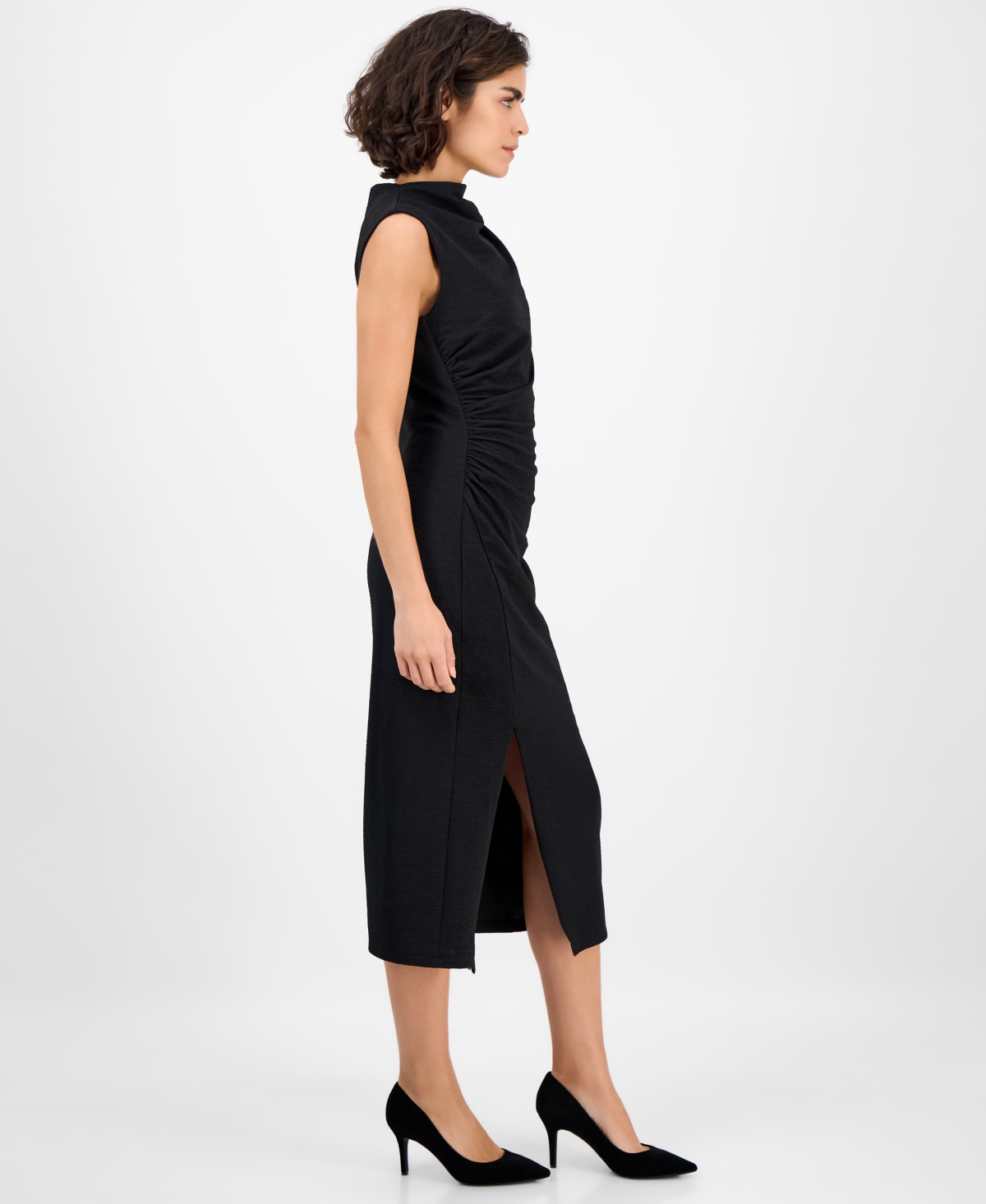 Anne Klein Women's Drape-front Textured Knit Midi Dress In Black