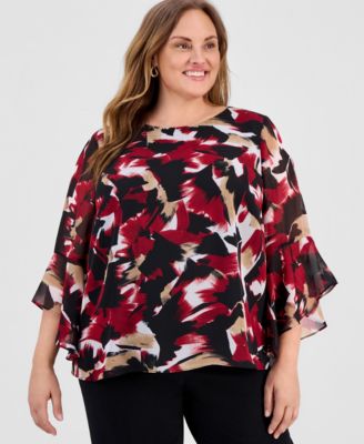 Kasper - Plus Size Printed Chiffon Ruffled-Sleeve Top