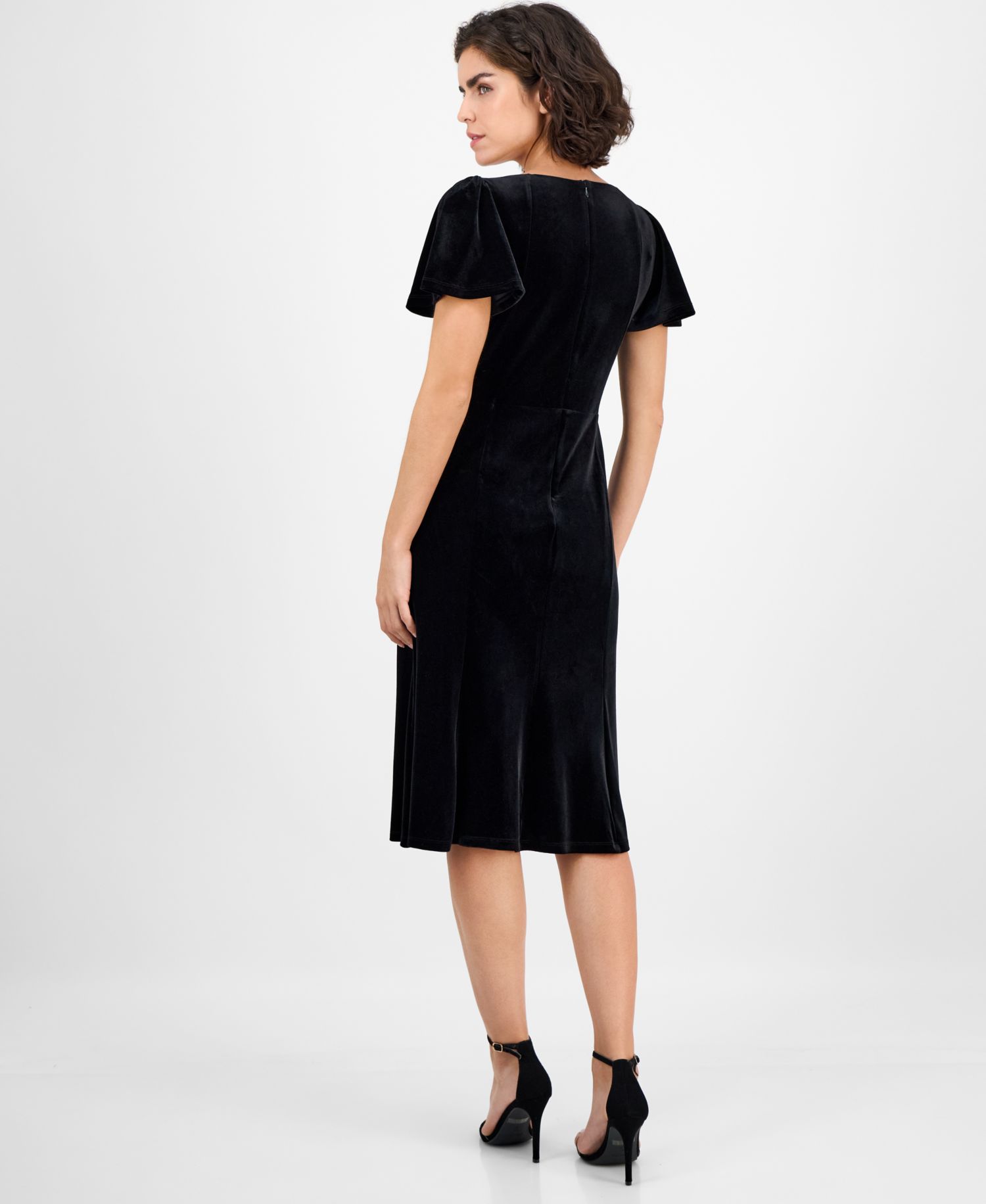 Women's Sweetheart-Neck Puff Sleeve Velvet Midi Dress