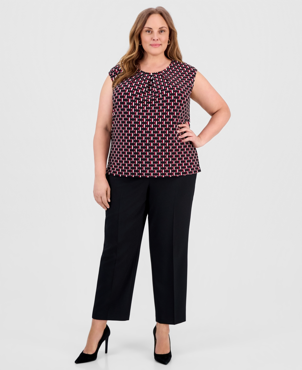 Kasper Plus Size Geo-print Cap-sleeve Top In Multi
