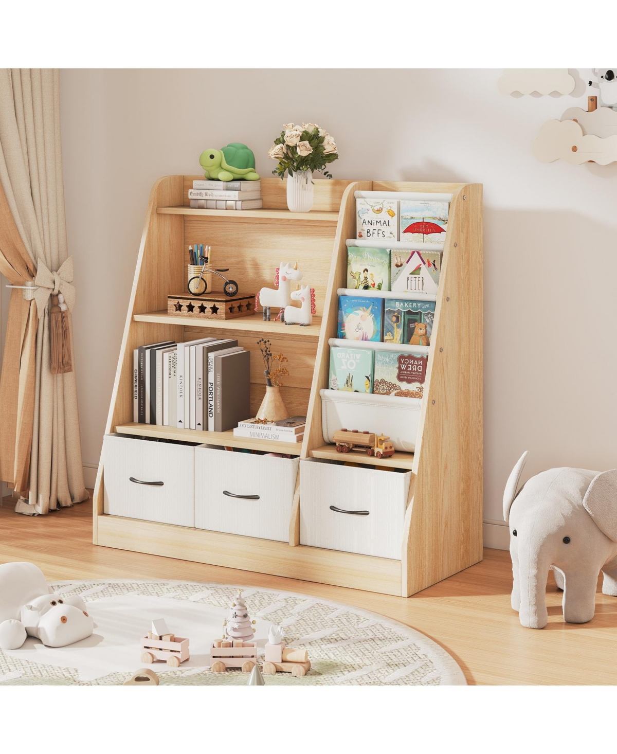 Wooden Kids Storage Organizer Shelf with Book Rack and Fabric Bins