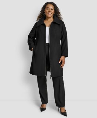 Plus Size Belted Zip-Up Wool Coat