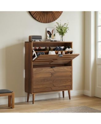 31.5" Modern Walnut Shoe Cabinet with Flip Drawers