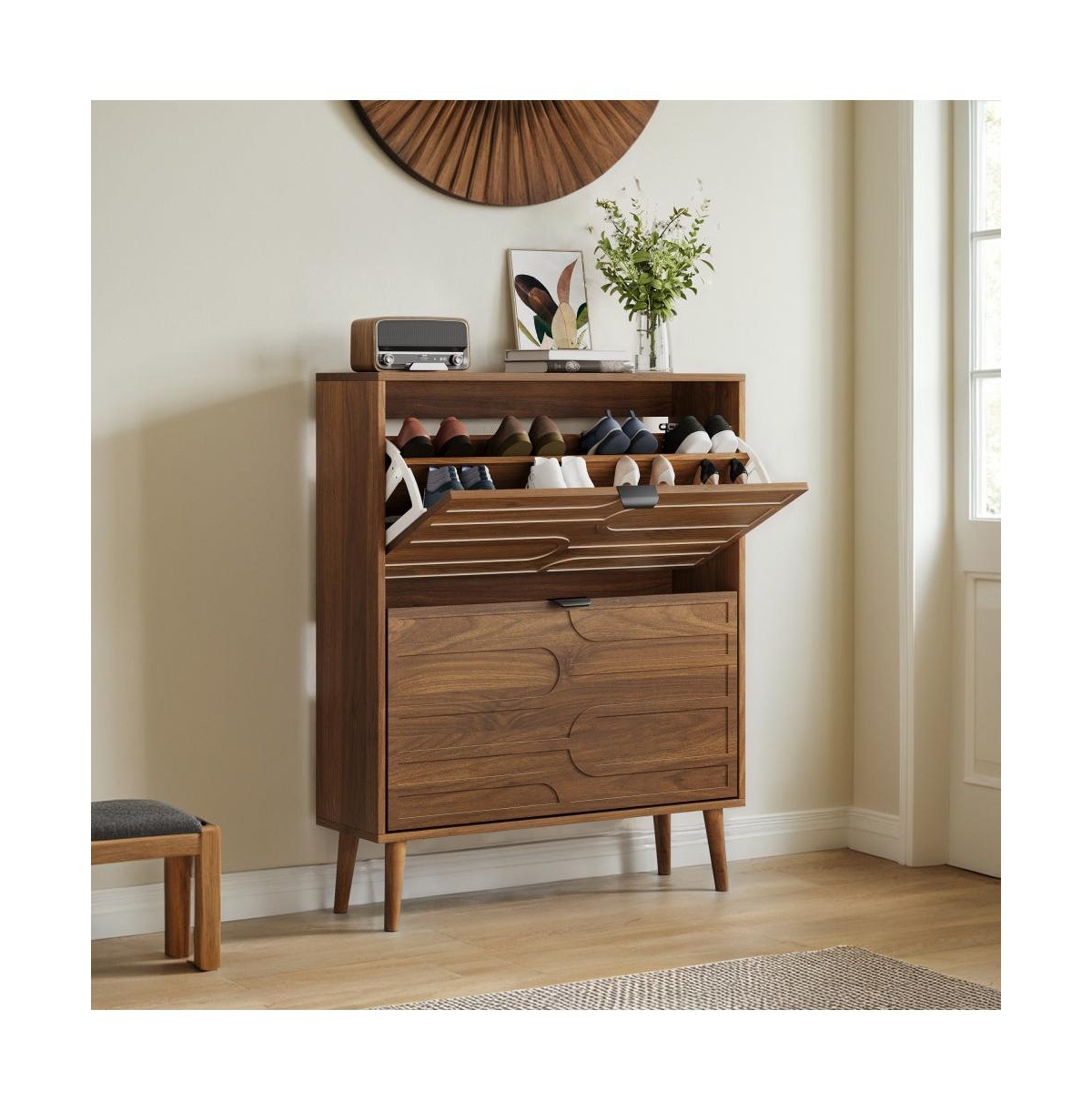 Chic Crate 31.5" Modern Walnut Shoe Cabinet with Flip Drawers, Entryway Storage for Hallway & Mudroom