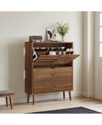 31.5" Modern Walnut Shoe Cabinet with Flip Drawers