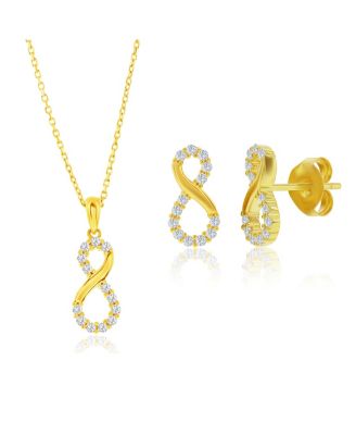 Sterling Silver, Polished & CZ Infinity Necklace & Earrings Set