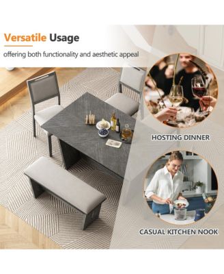 6-piece Retro Farmhouse Style Dining Set, Rectangular Table and 4 Upholstered Chairs with Rattan and Bench for Dining Room and Kitchen