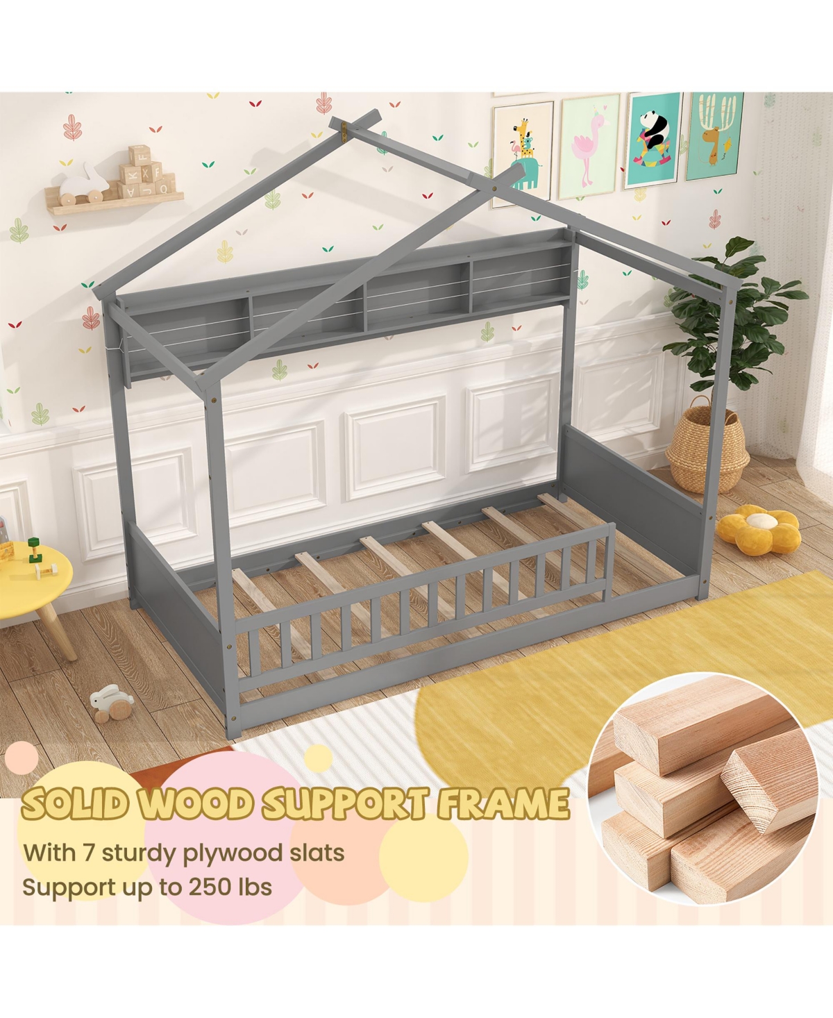 Gymax Twin Size House Bed w/Storage Shelf Headboard & Guardrail Wooden Slat Support