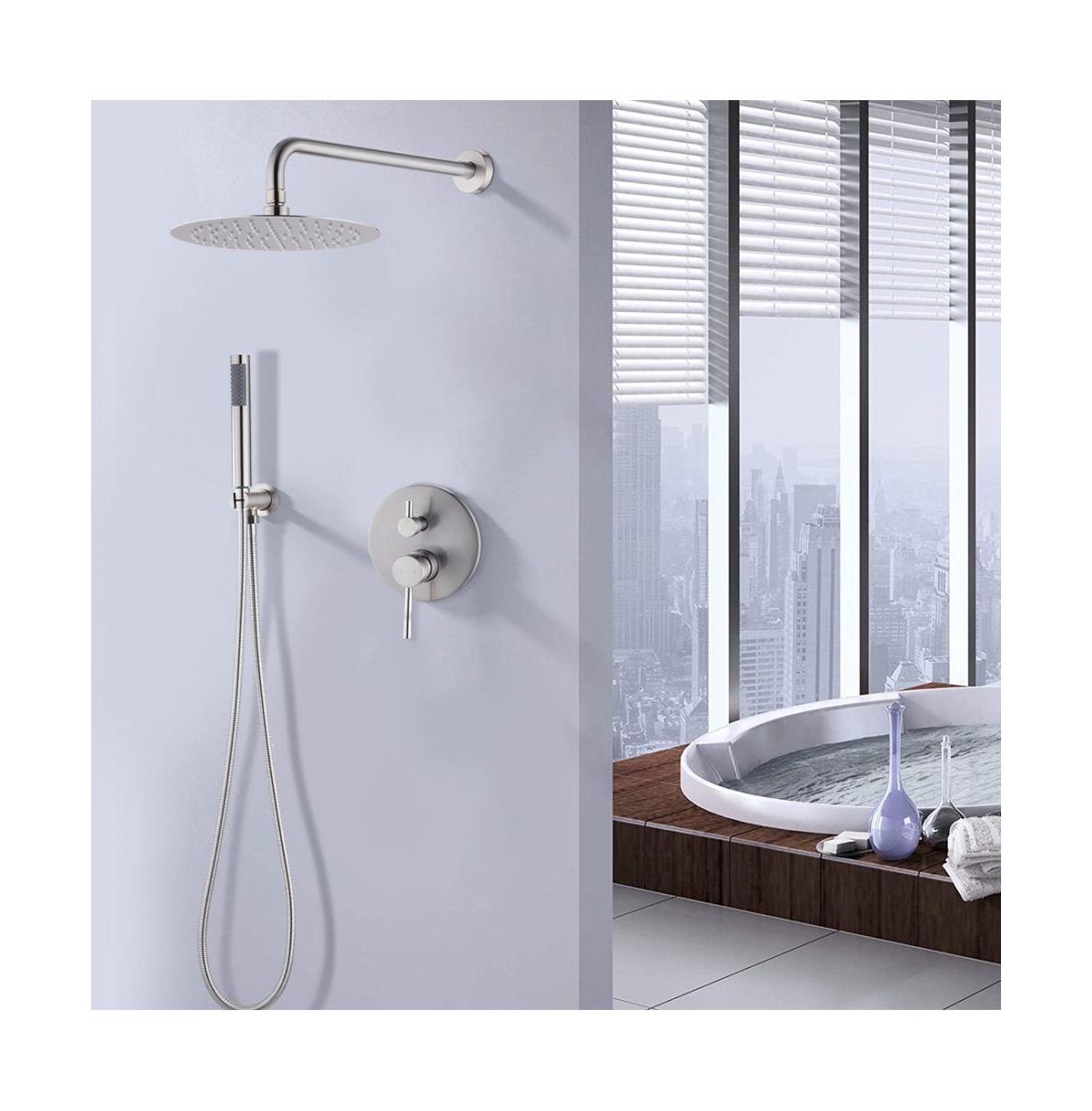 Rainsken 10" Brushed Nickle Roud Rain Shower head and Handheld Shower Head Set, Silver