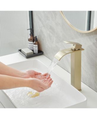 Waterfall Single Hole Single Handle Bathroom Vessel Sink Faucet With Supply Hose in Brushed Gold
