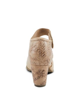 Women's Toolie Hand-Painted Leather D'Orsay Mary Jane Heels, Hook-and-Loop Strap, Padded Collar, and Tooled Stacked Heel