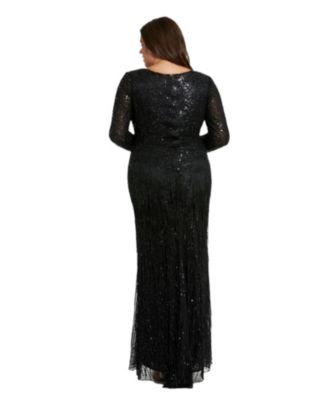 Women's Long Sleeve V Neck Beaded Fringe Gown