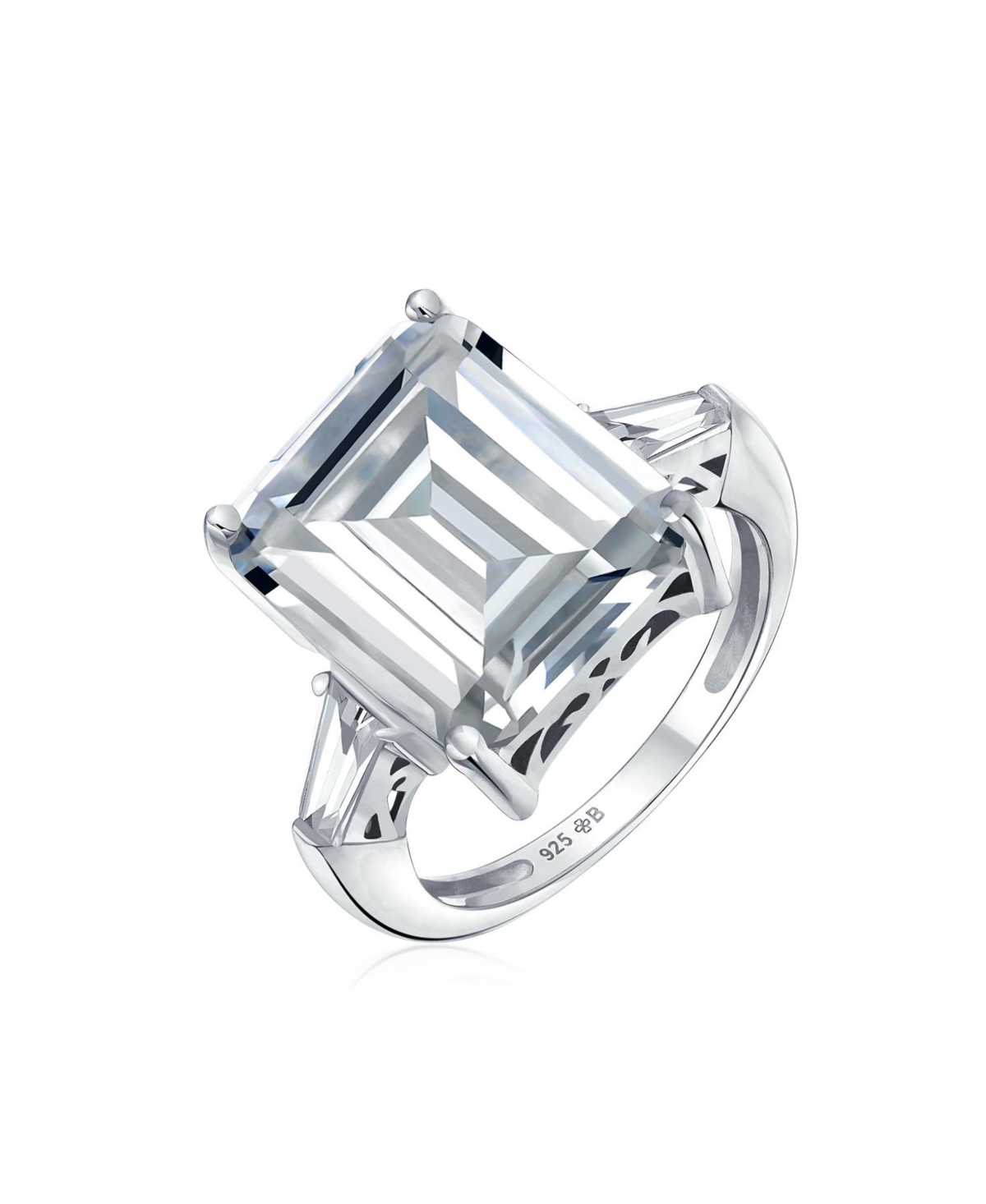 Bling Jewelry Art Deco Style 7CT Cz Emerald Cut Solitaire Statement Ring Sterling Silver Baguette Side Stones