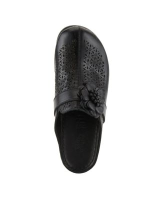 LILYBEAN Leather Perforated Clogs with Floral Applique and Open Back