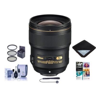 28mm f/1.4E AF-S NIKKOR Lens, Bundle with ProOptic 77mm Filter Kit, Cleaning Kit, Lens Wrap, Lens Cap Tether, PC Software Kit