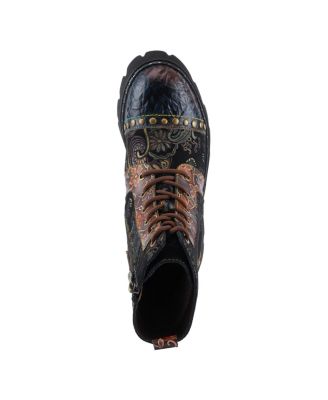 L Artiste Women s SEVERITY Hand-Painted Lace-Up Combat Boot with Studs, Suede Shaft, and Lug Sole