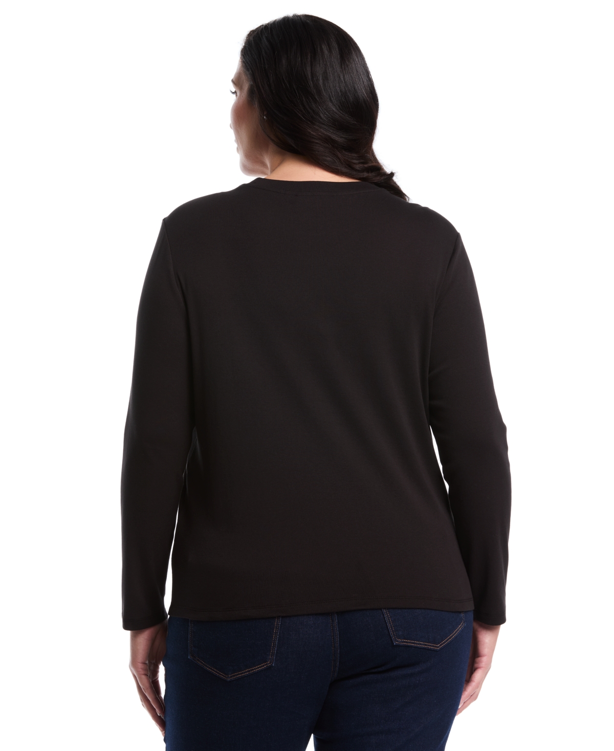 Rafaella Plus Size Laced Crew Neck Long Sleeve Top In Black