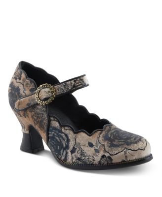 Women's Adodora-Prit Baroque Mary Janes with Velvet and Leather Upper, Scalloped Edges, Antique Buckle, Cushioned Insole, and Sculpted Heel