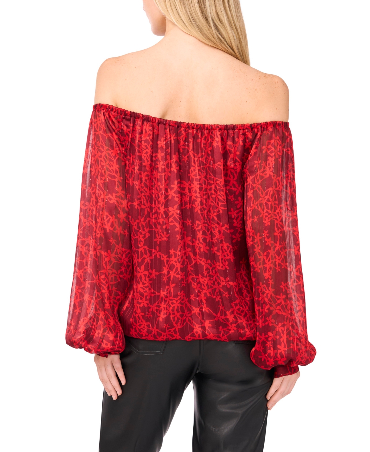 Vince Camuto Floral Metallic Stripe Off The Shoulder Top In Red