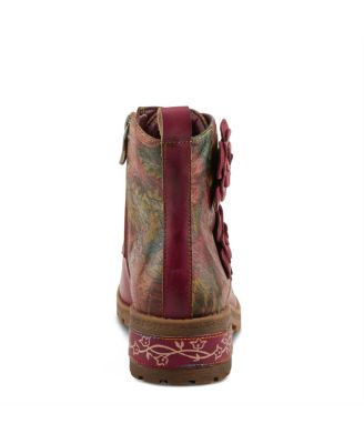 L’Artiste Women’s MARTINELA Floral Appliqu&eacute; Leather Boot with Rainbow Stitching and Lace-Up Detail