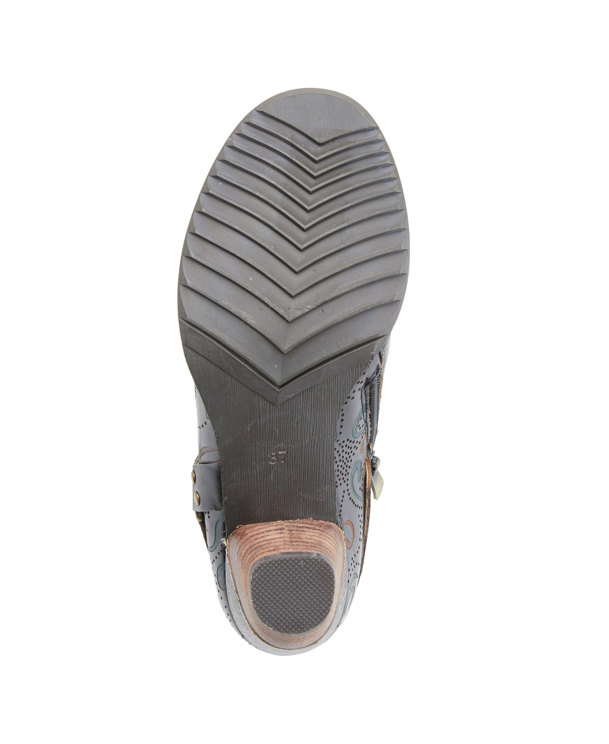 L'Artiste Women's Kacielou Western Shooties with Hand-Painted Leather, Studded Ankle Strap, Elastic Goring, and Cone Heel – Burnished Embossed Booties