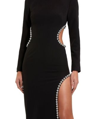 Women's Crepe Long Sleeve Gown With Beaded Cut Outs