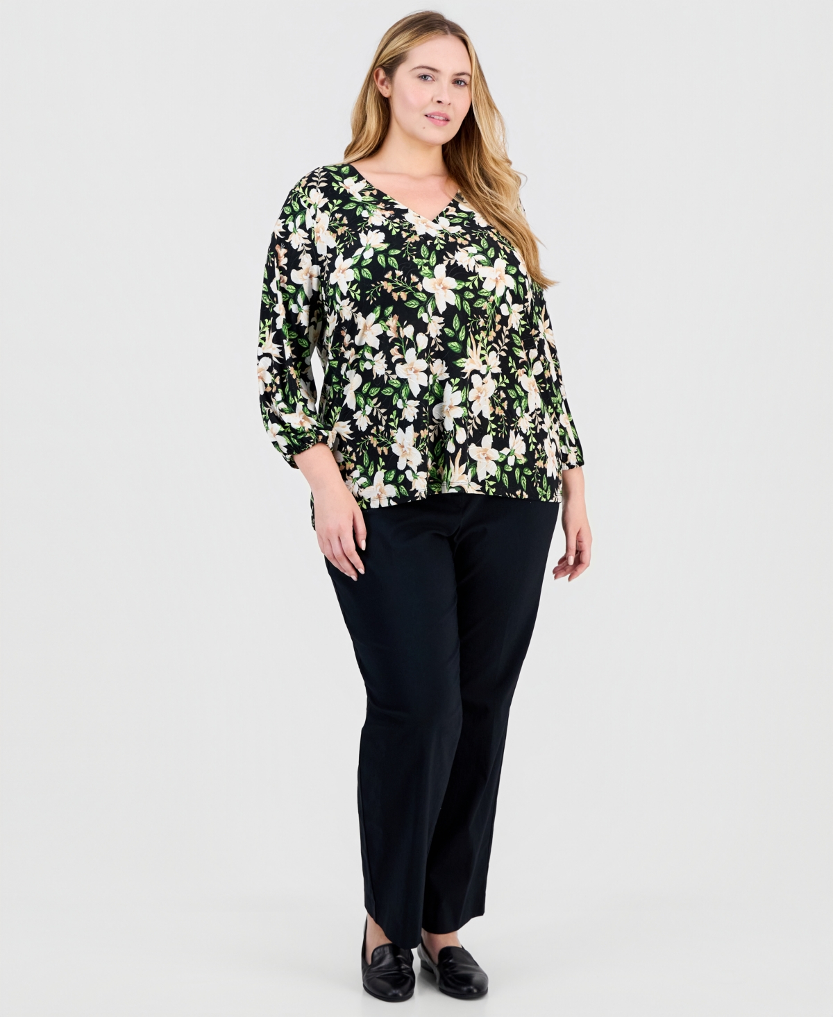 Jm Collection Plus Printed V-Neck Jacquard Top