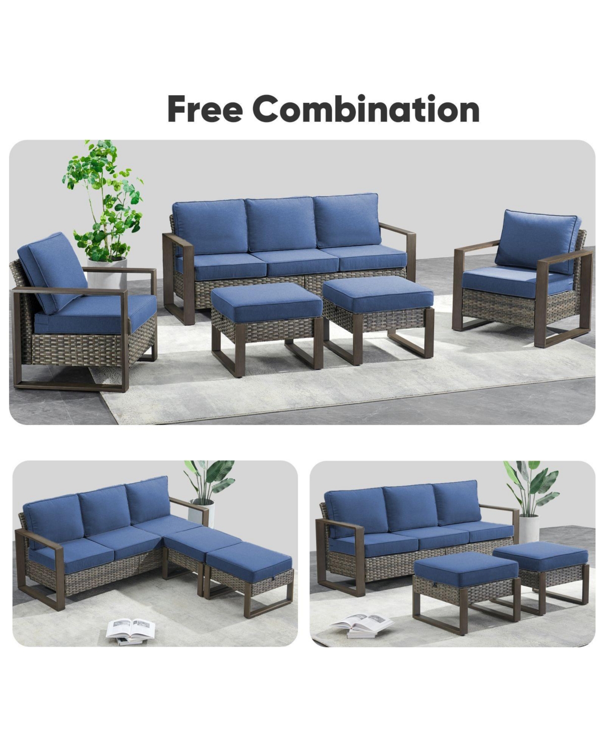 Gymojoy CubeEdge 2-Piece Wicker Outdoor Ottoman Patio Rattan Footrest Seat Steel Frame Foostool with Removable Olefin Cushions