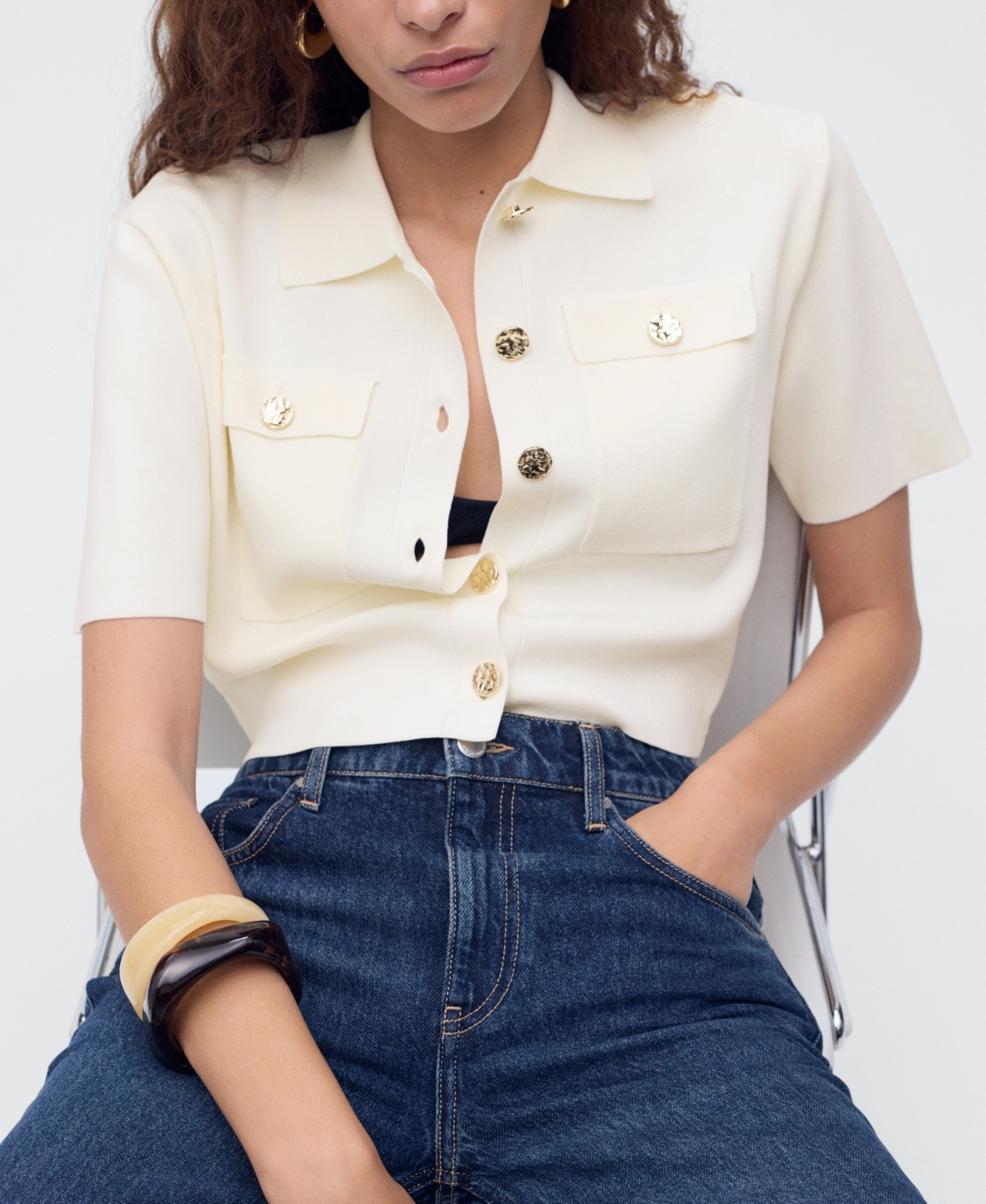 Mango Short Sleeve Cardigan In Neutral